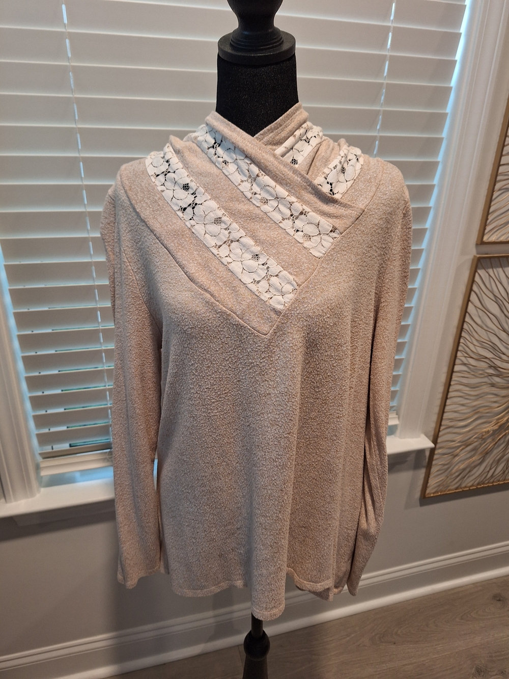 Beige Lace-Trim V-Neck Pullover Top